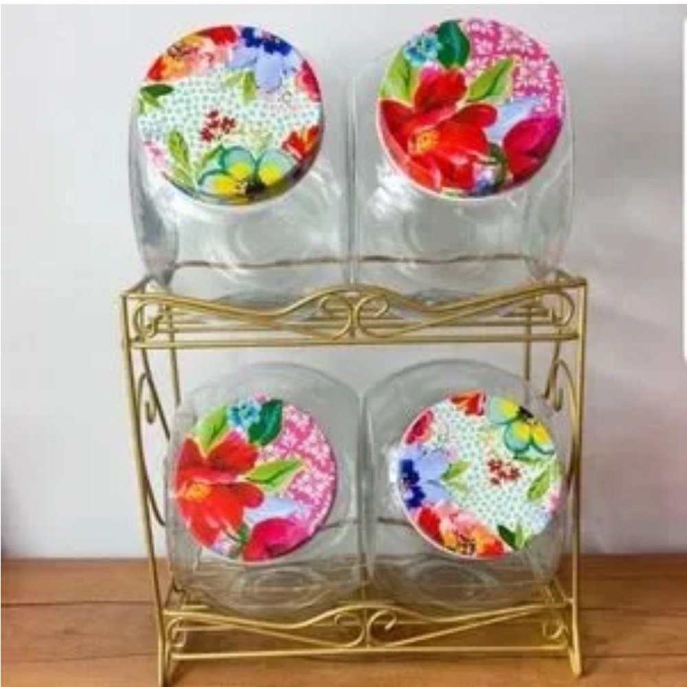 RARE! The Pioneer Woman Floral Medley Glass Storage Jars with Metal Rack